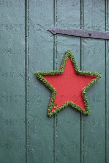 Red star with green border on green wooden door, festive decoration, North Rhine-Westphalia,