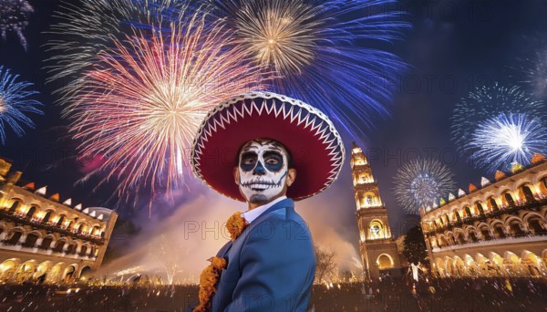 A man adorned with Día de Muertos face paint and a traditional sombrero stands in a historic plaza,