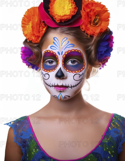 A young girl with traditional Day of the Dead face paint and a vibrant floral headpiece, wearing a