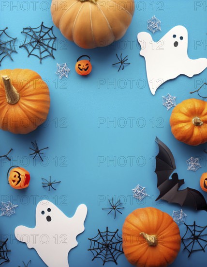 Halloween-themed flat lay featuring pumpkins, paper ghosts, spiders, bat cutout, and spider webs on