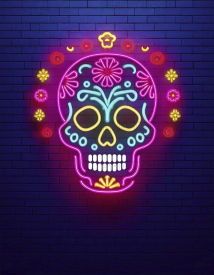 A vibrant neon sugar skull design is illuminated against a dark brick wall, symbolizing the