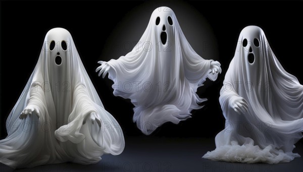 Trio of ghost figures draped in flowing white sheets, with expressive faces, floating against a