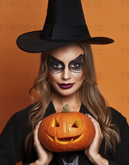 A woman dressed as a witch, with dark makeup and a black hat, holds a carved pumpkin while standing