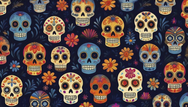 Vibrant pattern of colorful sugar skulls and flowers on a dark background, symbolizing the Dia de