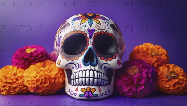 A beautifully decorated sugar skull surrounded by vibrant marigold and purple flowers, set against