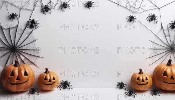 Carved jack-o'-lanterns are surrounded by black spider webs and plastic spiders against a clean
