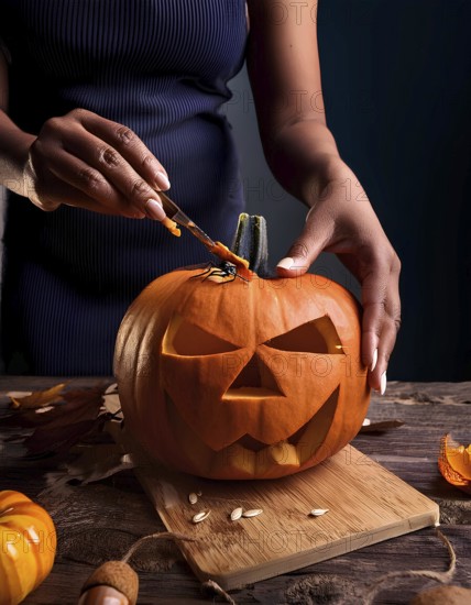 A close-up of a person carving a spooky jack-o'-lantern on a wooden board, preparing for Halloween,
