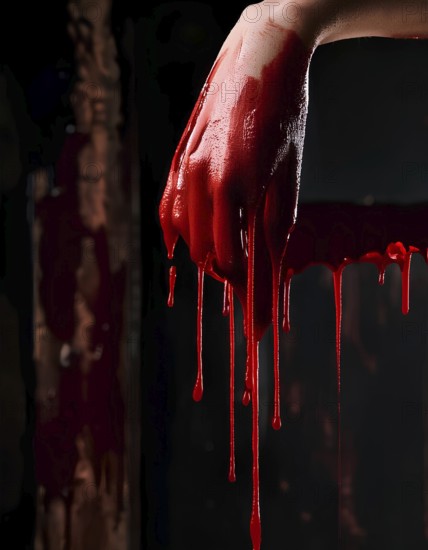 Close-up of a hand covered in red liquid, dripping against a dark background. The eerie lighting