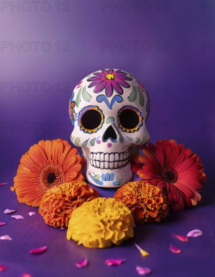 A vibrant sugar skull adorned with floral designs, surrounded by marigolds and gerbera daisies