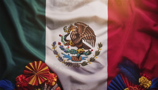 The Mexican flag displayed with festive paper decorations and marigold flowers, symbolizing Mexican