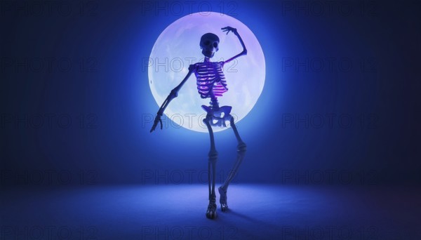 A skeleton stands in a dramatic pose with glowing bones, illuminated by a full moon. The scene,
