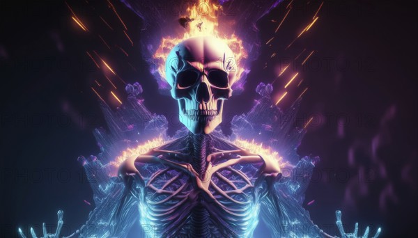 A glowing skeleton with a fiery skull radiates vibrant colors in a dark Halloween scene. The flames