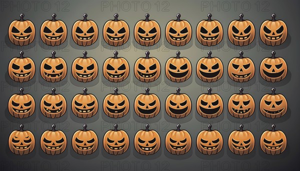 A seamless pattern of jack-o'-lantern faces showing various spooky and mischievous expressions.