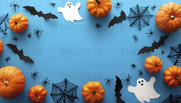 Halloween flat lay with pumpkins, ghost cutouts, bats, spiders, and spiderwebs on a bright blue