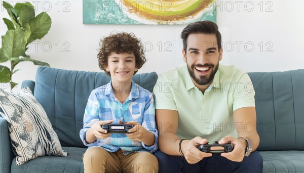 A man and a boy are playing a video game together on a couch. The boy is smiling and the man is