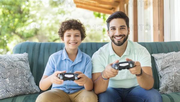 A man and a boy are playing a video game together on a couch. The boy is smiling and the man is