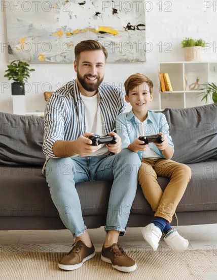 A man and a boy are sitting on a couch playing video games. The man is smiling and the boy is