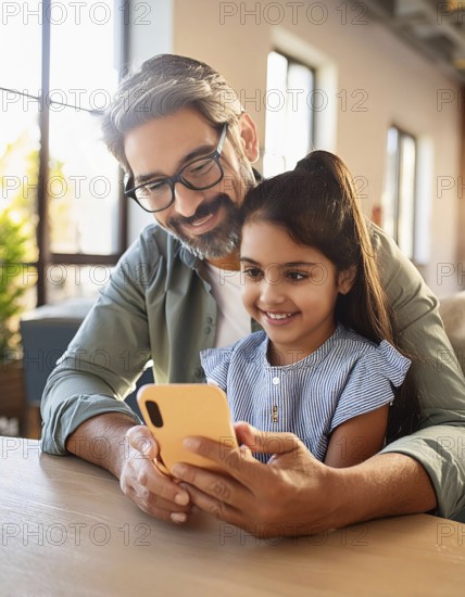 Father and daughter enjoying time together, browsing social media or watching videos on a