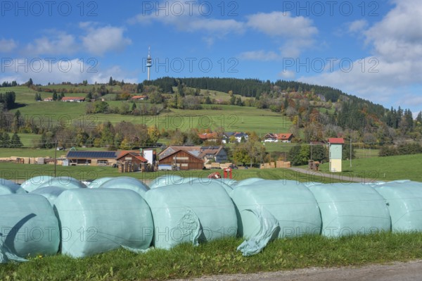 Blue sky with clouds, silage bales in front of the village of Masers under the mountain Blender