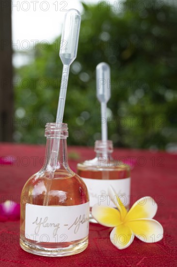 Two small, transparent glass bottles with a pipette-shaped cap contain amber-colored essential oil