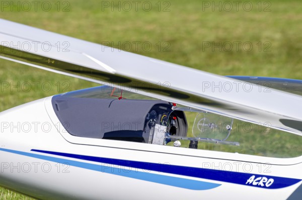 View of the cockpit of a glider as part of an air show at the Fliegerbergfest of the Rossfeld