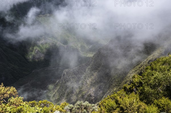 Thick, white clouds of fog cover the steep, green remparts (rock walls) of a caldera of the Piton