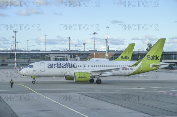 Runway, apron, aircraft Air Baltic, airport, Riga International Airport, Riga, Latvia