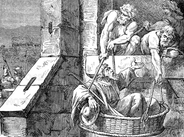 Paul flees in a basket through a window on the wall and escapes from Damascus, 2nd letter to the