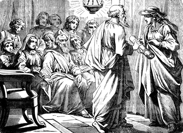 Paul hands Phoebe the letter to Christians in Rome, epistle of St. Paul to the Romans, chapter 16,