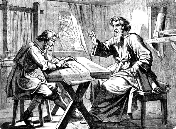 Paul dictates to Tertius the letter to the Romans, epistle of St. Paul to the Romans, chapter 16,
