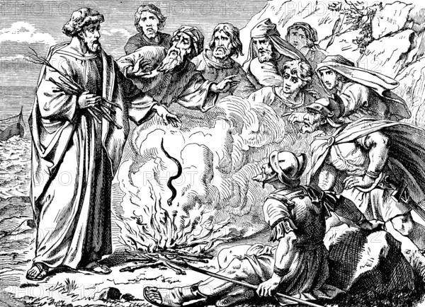 Paul in Melite, Malta, hurls the otters into the fire and remains unharmed, Acts of St. Luke,