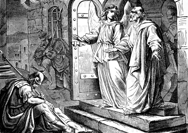 An angel frees Peter from prison, get up and the chains fell from his hands, Acts of St. Luke,