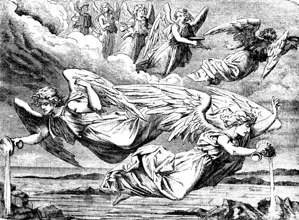 The schools of wrath, pour the seven bowls of the wrath of God over the earth, the sea became