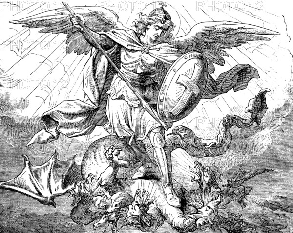 Michael's dispute with the dragon who carried seven heads with seven crowns and ten horns, The