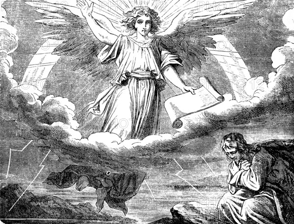 The angel with the booklet disguised in a cloud, his feet as pillars of fire, The Revelation of the