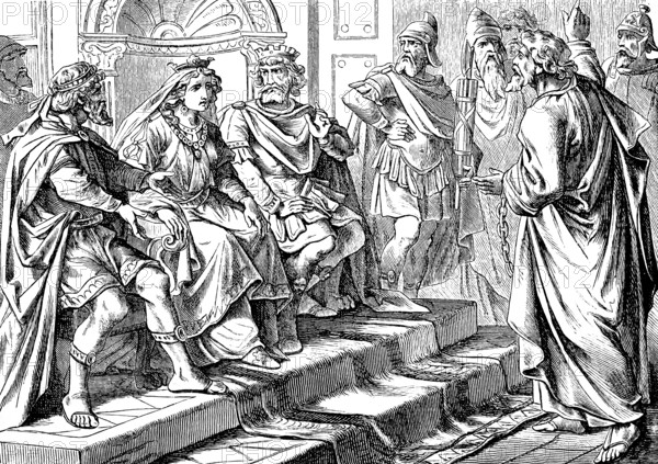 Paul in front of King Agrippa, his sister Benice and Festus in the Judgment House, Acts of St.