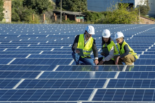 Group of diverse solar energy specialists wearing hard hats and safety vests inspecting