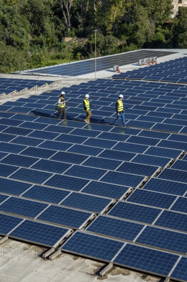 Engineers wearing safety gear are walking along rows of extensive solar panels on a rooftop,