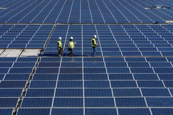 Team of diverse engineers walking across a large solar farm, checking photovoltaic panels and