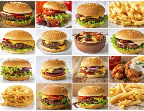 Collage of various fast food meals. beagles, hamburger, cheeseburger, french fries and a view green