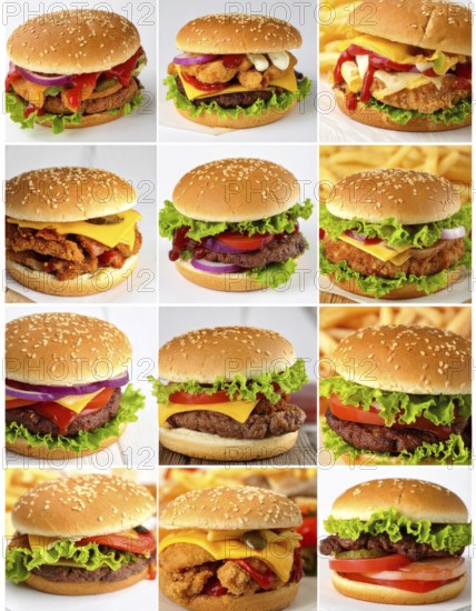 Collage of various fast food meals. beagles, hamburger, cheeseburger, french fries and a view green