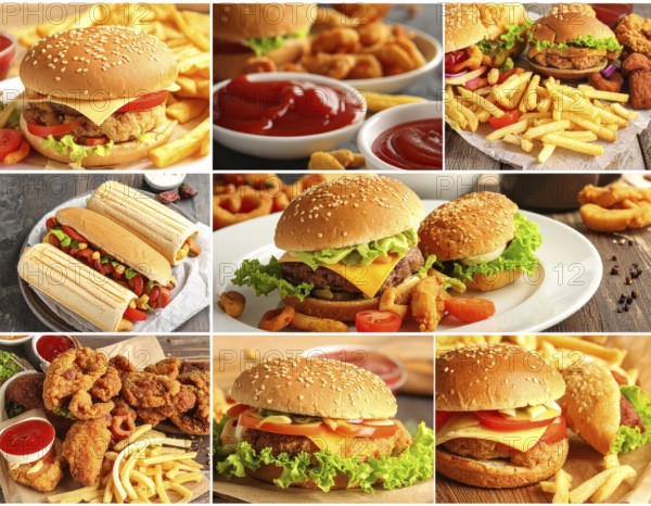 Collage of various fast food meals. beagles, hamburger, cheeseburger, french fries and a view green