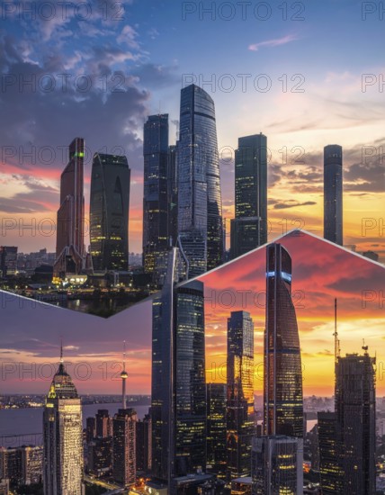 Collage of skyscrapers of a metropolitan city, various skylines with different blue sky in sunset,