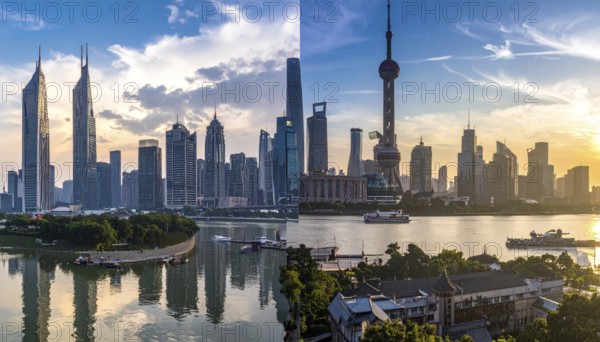 Collage of skyscrapers of a metropolitan city, various skylines with different blue sky in sunset,