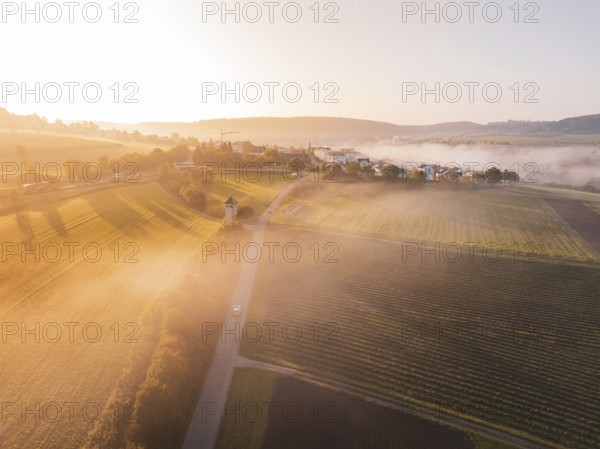 Extensive landscape with fields and a village in morning fog and sunrise light, Calw Stammheim,