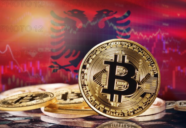 Bitcoin with Albania flag in the background. Investors in cryptocurrency and Blockchain Technology