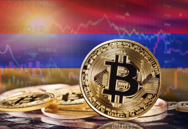 Bitcoin with Armenia flag in the background. Investors in cryptocurrency and Blockchain Technology