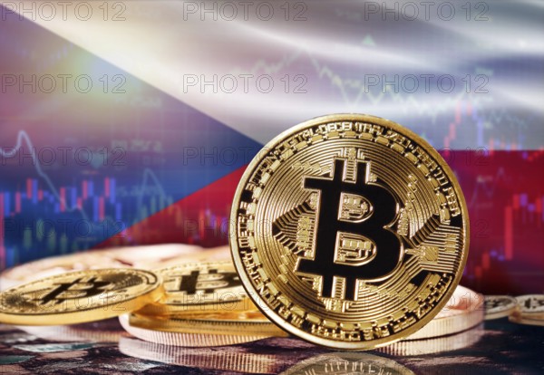 Bitcoin with Czech Republic flag in the background. Investors in cryptocurrency and Blockchain
