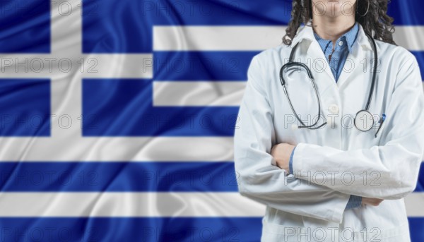 Medical professional on Greek flag. Healthcare and wellness in Greece, Concept