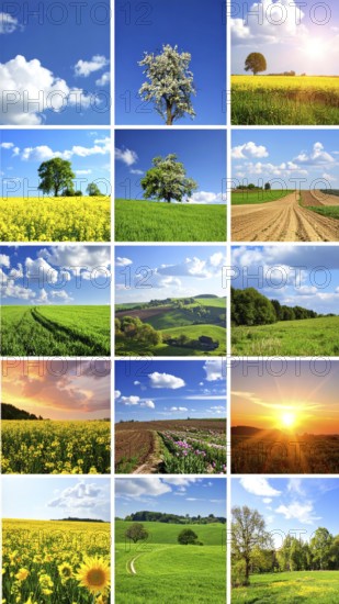 Collage of spring and summer landscapes, blooming flowers, green meadows and trees, hilly landscape
